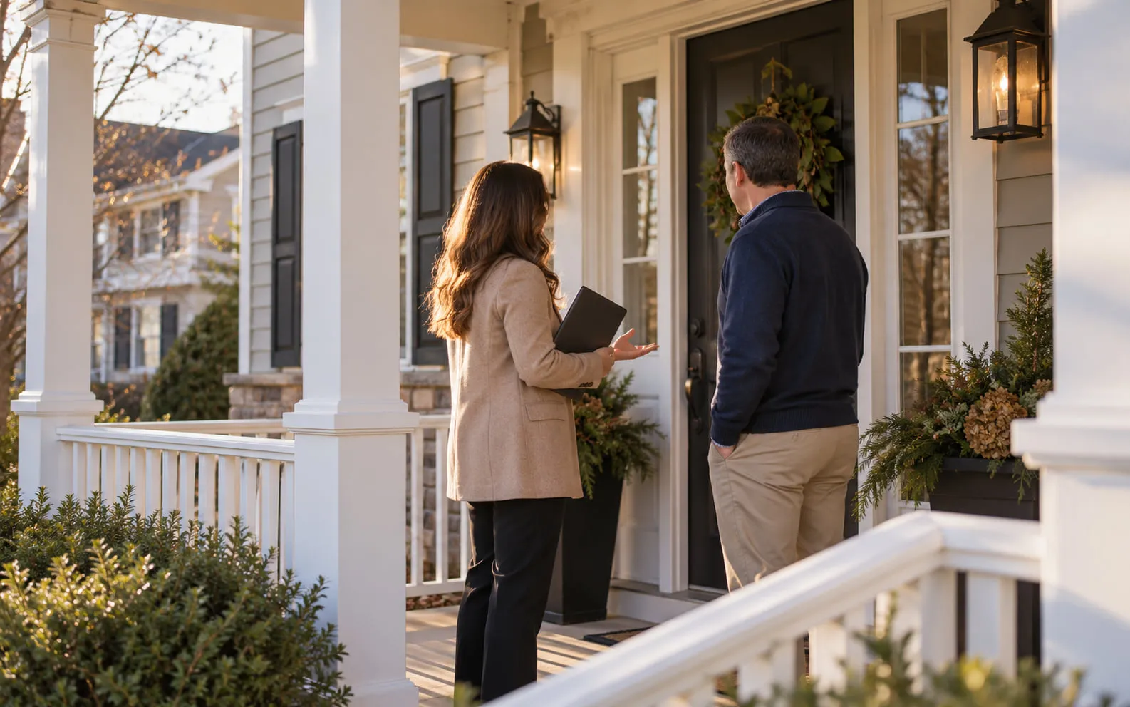 A real estate agent and a homeowner talking on the front porch of a suburban home