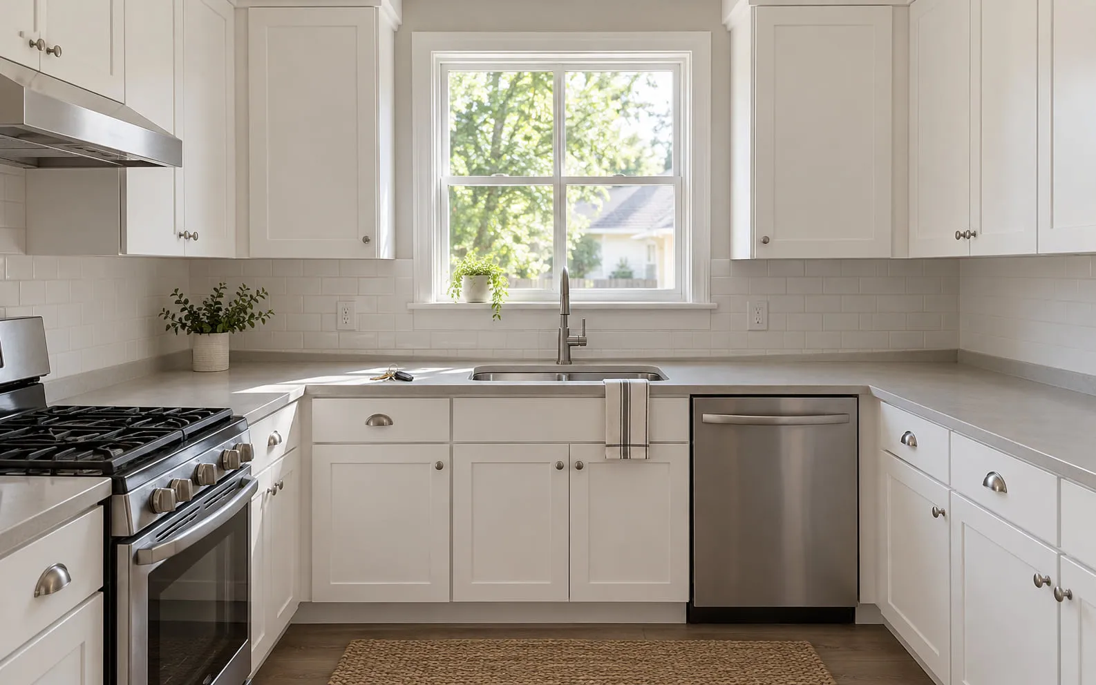 Clean, empty kitchen in a rental home with the keys on the counter
